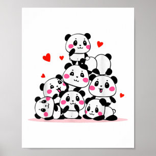 Kawaii Cute Baby Panda Pile med röda örter Valent Poster