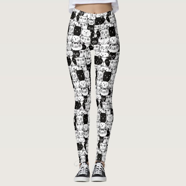 Kawaii Cute Black and White Cat Mönster Leggings (Framsida)