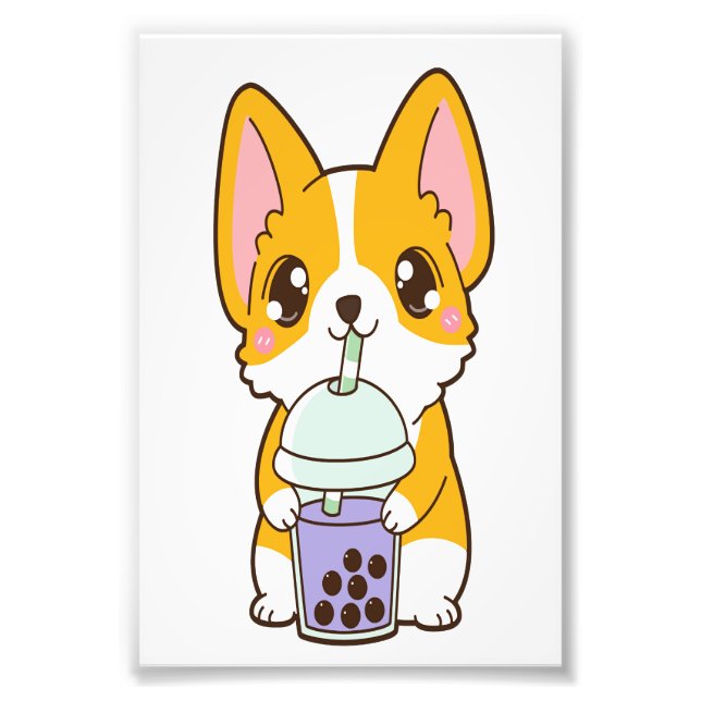 Kawaii Cute Boba Corgi Hund Taro Bubble Pearl Mjöl Fototryck (Framsidan)