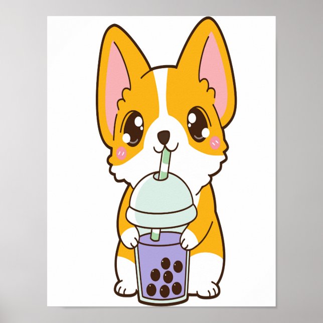 Kawaii Cute Boba Corgi Hund Taro Bubble Pearl Mjöl Poster (Framsidan)
