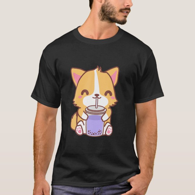 Kawaii Cute Boba Corgi Hund Taro Bubble Pearl Mjöl T Shirt (Framsida)