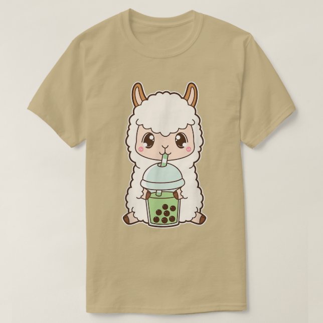 Kawaii Cute Boba Llama Alpaca Matcha Grönt Bubble T Shirt (Design framsida)
