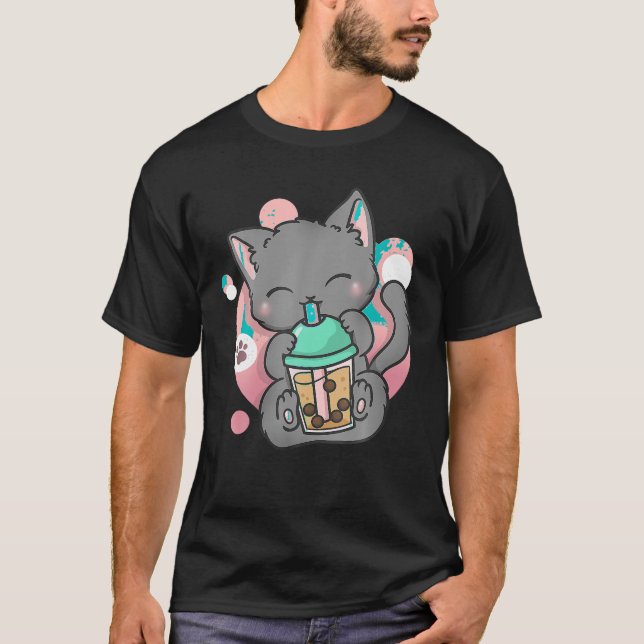 Kawaii Cute Cat Boba Bubble Mjölk Tea Anime Girls  T Shirt (Framsida)