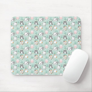 Kawaii Cute Cats & Flower Mönster Grönt - bakgrund Musmatta