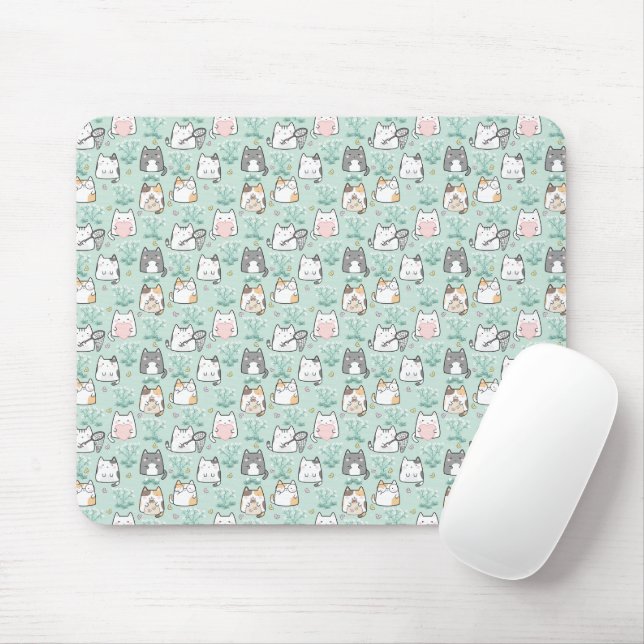 Kawaii Cute Cats & Flower Mönster Grönt - bakgrund Musmatta (Med mus)