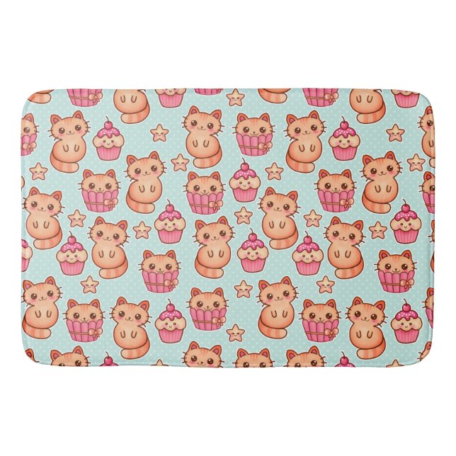 Kawaii Cute Cats Muffins Rosa och Blue Mönster Badrumsmatta (Framsidan)