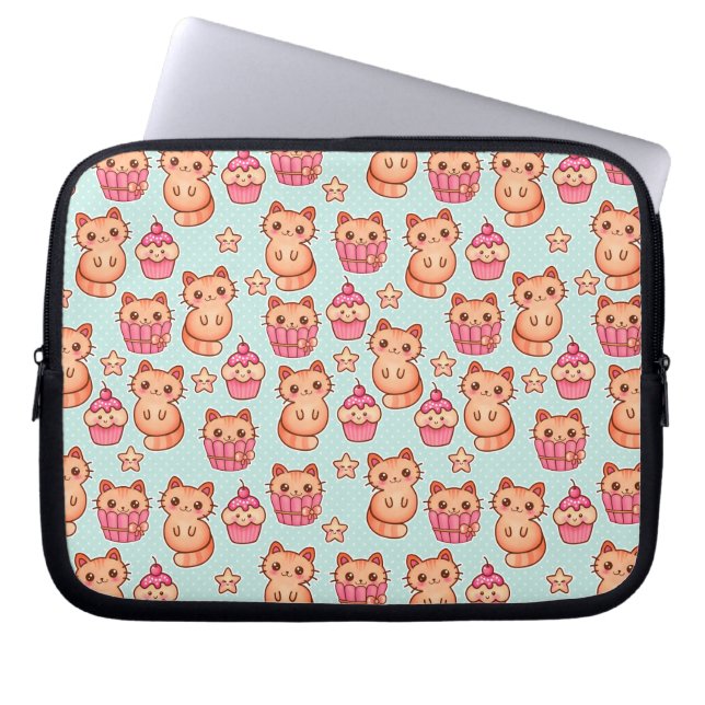 Kawaii Cute Cats Muffins Rosa och Blue Mönster Laptop Sleeve (Framsidan)