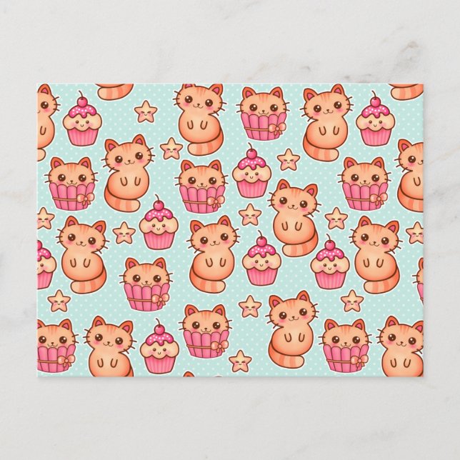Kawaii Cute Cats Muffins Rosa och Blue Mönster Vykort (Framsida)