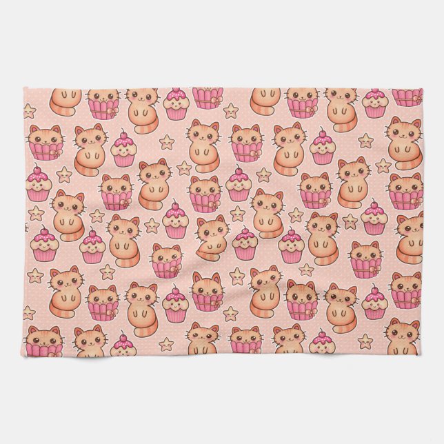 Kawaii Cute Cats och Muffins Rosa Mönster Kökshandduk (Horisontell)