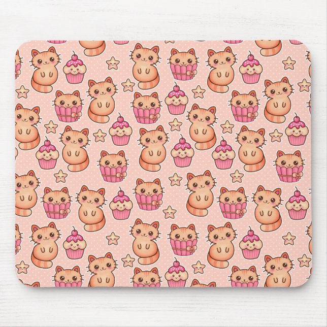 Kawaii Cute Cats och Muffins Rosa Mönster Musmatta (Framsidan)