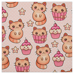 Kawaii Cute Cats och Muffins Rosa Mönster Tyg