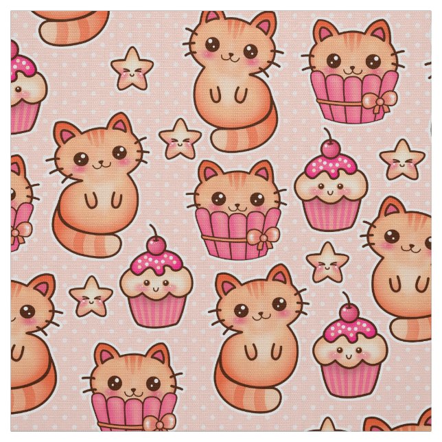 Kawaii Cute Cats och Muffins Rosa Mönster Tyg (Provkarta)