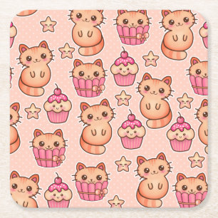 Kawaii Cute Cats och Muffins Rosa Mönster Underlägg Papper Kvadrat
