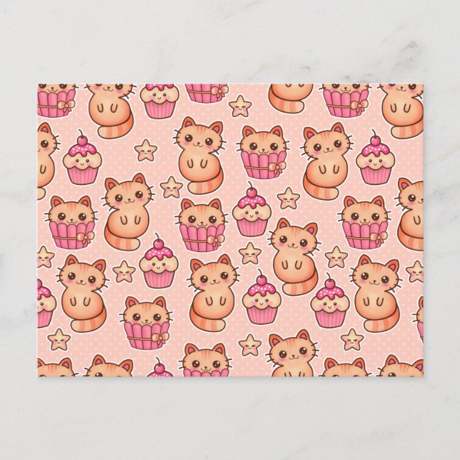 Kawaii Cute Cats och Muffins Rosa Mönster Vykort (Framsida)