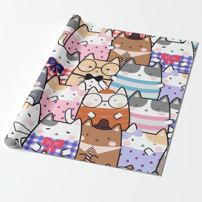 Kawaii Cute Cats Seamless Mönster Presentpapper (Utrullad)