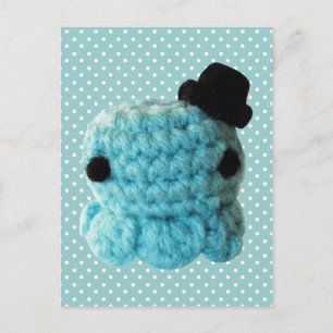 Kawaii Cute Crochet Amigurumi Octopus Top hat Blue Vykort