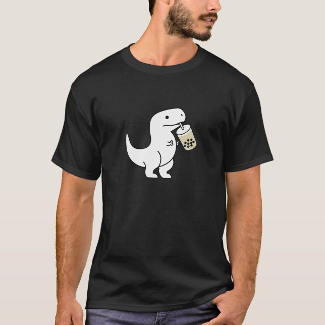 Kawaii Cute Dino Rex Drinking Boba Mjölk Tea T Shirt (Framsida)