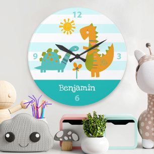 Kawaii Cute Dinosaur Boy Turcouise Nursery Namn Stor Klocka