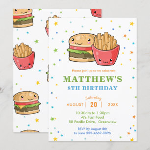 Kawaii Cute Fast Food Burger Party Boy Bird Inbjudningar