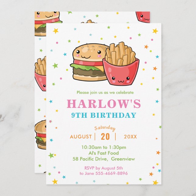 Kawaii Cute Fast Food Burger Party Flicka Inbjudningar (Fram/baksida)
