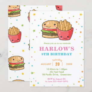 Kawaii Cute Fast Food Burger Party Flicka Inbjudningar