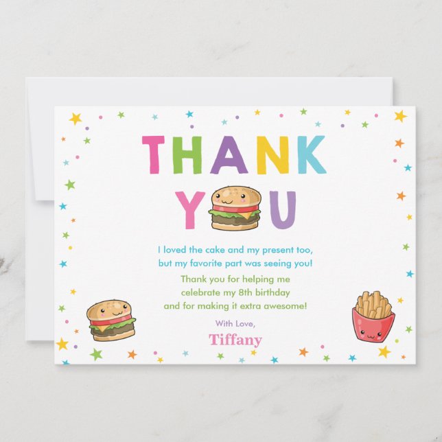 Kawaii Cute Fast Food Burger Party Flicka Tack Kort (Framsida)