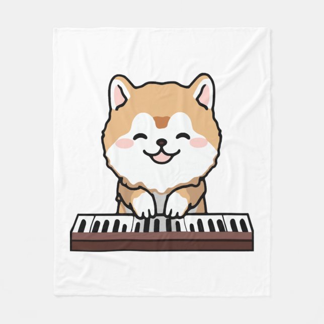 Kawaii Cute Hund Spelar Piano Tangentbord Fleecefilt (Framsidan)