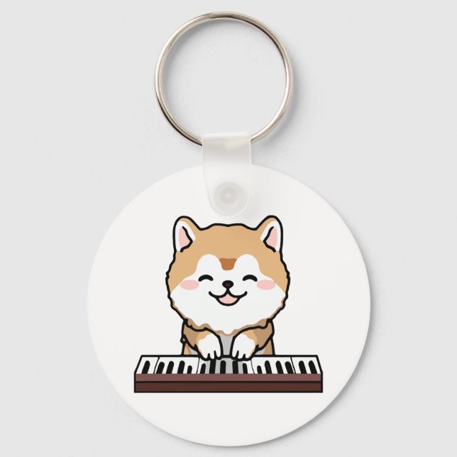 Kawaii Cute Hund Spelar Piano Tangentbord Nyckelring (Framsida)