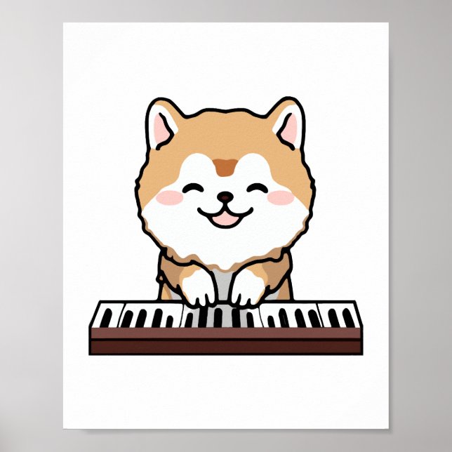 Kawaii Cute Hund Spelar Piano Tangentbord Poster (Framsidan)