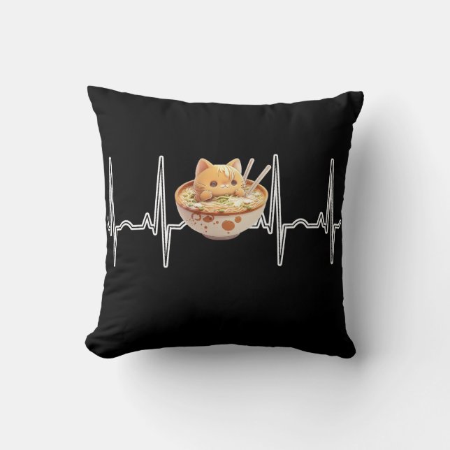 Kawaii Cute Kitten Ramen EKG Heartslag Otaku Anime Kudde (Framsida)