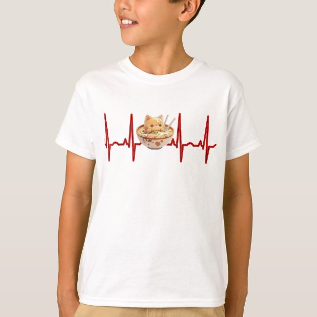 Kawaii Cute Kitten Ramen EKG Heartslag Otaku Anime T Shirt (Framsida)