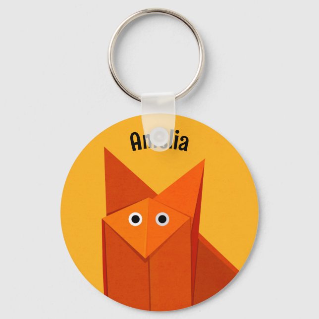 Kawaii Cute Origami Fox Geometric Art Gult Namn Nyckelring (Framsida)