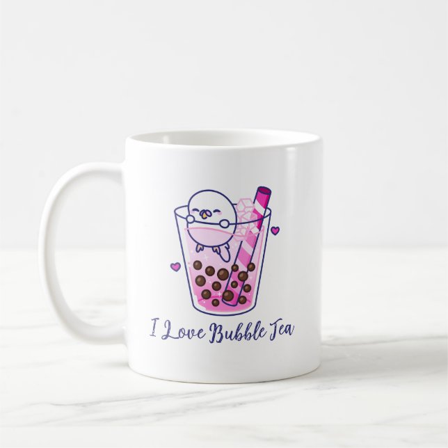 Kawaii Cute Pastel Rosa Budgie Boba Bubble Tea Kaffemugg (Vänster)