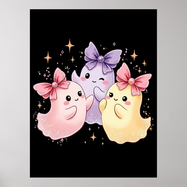 Kawaii Cute Pastel Spöken med Bows Poster (Framsidan)