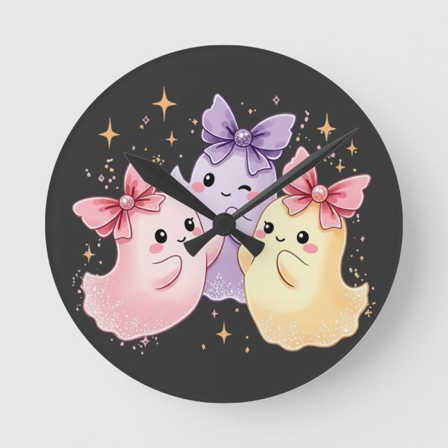 Kawaii Cute Pastel Spöken med Bows Rund Klocka (Framsida)