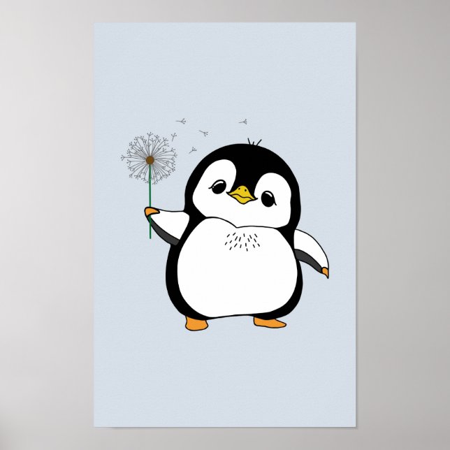 Kawaii Cute Penguin Holding Dandelion Smiling Poster (Framsidan)