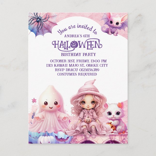 Kawaii Cute Rosa Halloween Birthday Inbjudan Vykort (Framsida)