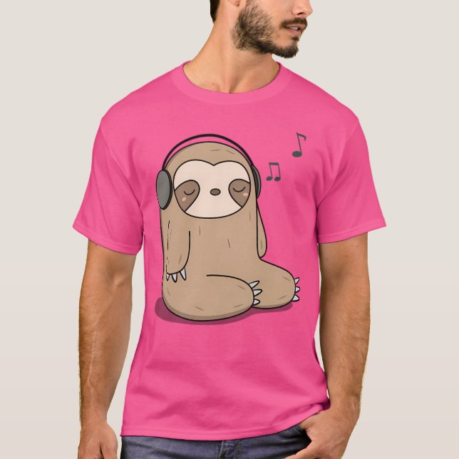 Kawaii Cute Sloth Listning to Music T Shirt (Framsida)