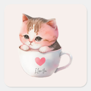 Kawaii Cute Stripe Rosa Chibi Cat Fyrkantigt Klistermärke