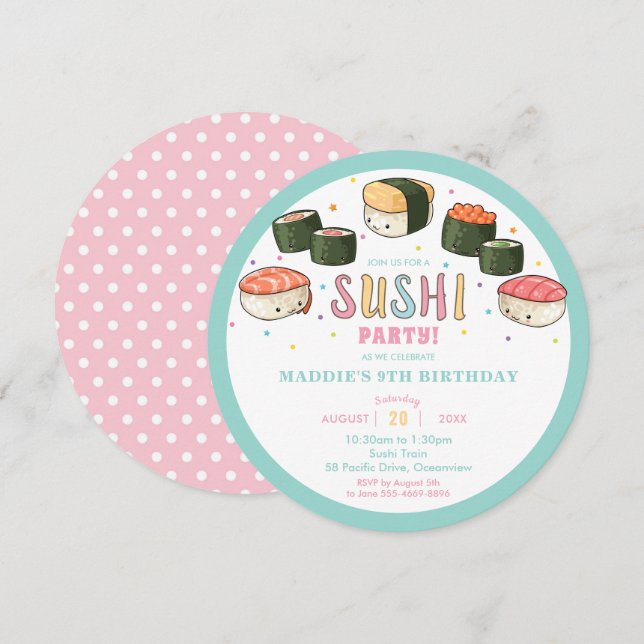 Kawaii Cute Sushi Party Girl Birthday Inbjudningar (Fram/baksida)
