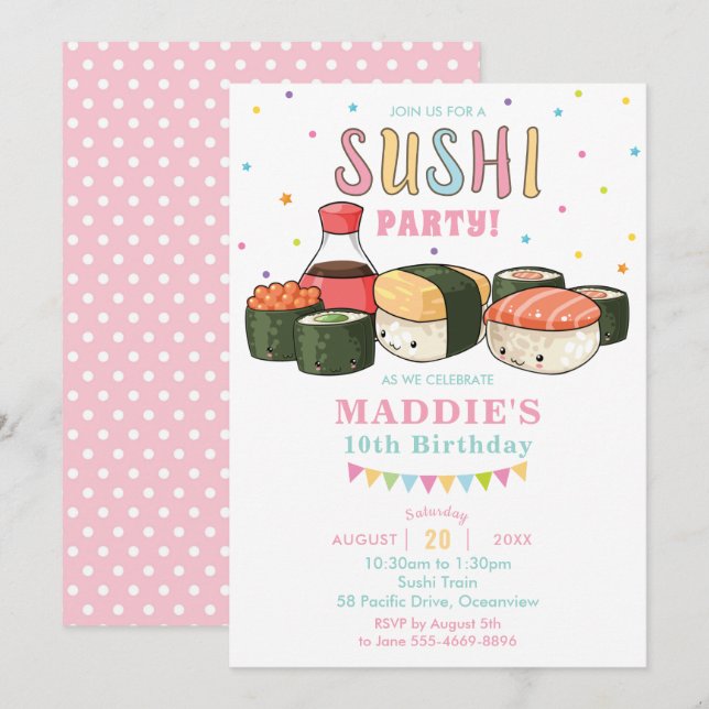 Kawaii Cute Sushi Party Pastel Girl Bird Inbjudningar (Fram/baksida)