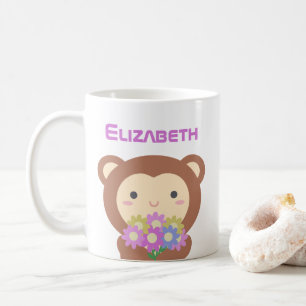 Kawaii Cute Tecknad Monkey Lila Rosa Flowers Kaffemugg