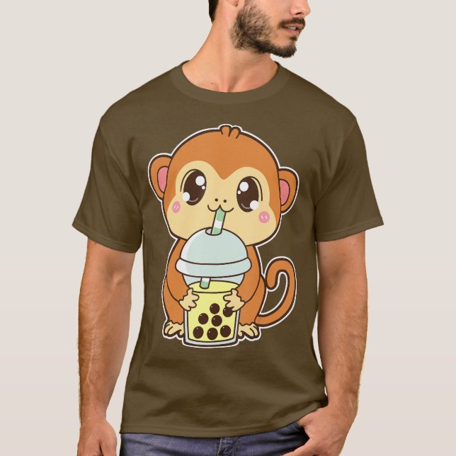 Kawaii Cute Zodiac Boba Monkey Banana Bubble Tea T Shirt (Framsida)