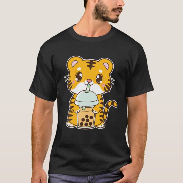 Kawaii Cute Zodiac Boba Tiger Mango Bubble Pearl M T Shirt (Framsida)