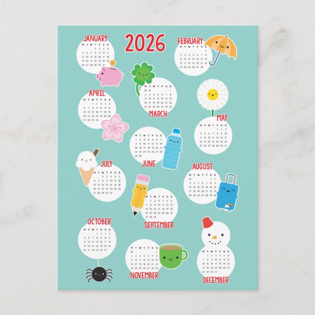 Kawaii - daglig livstid 2026 - kalender vykort (Framsida)