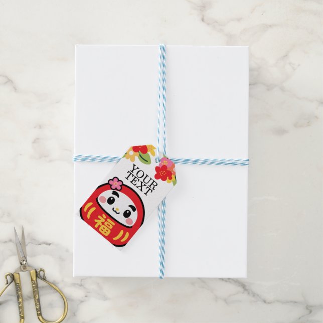Kawaii daruma-mönster presentetikett (With Twine)