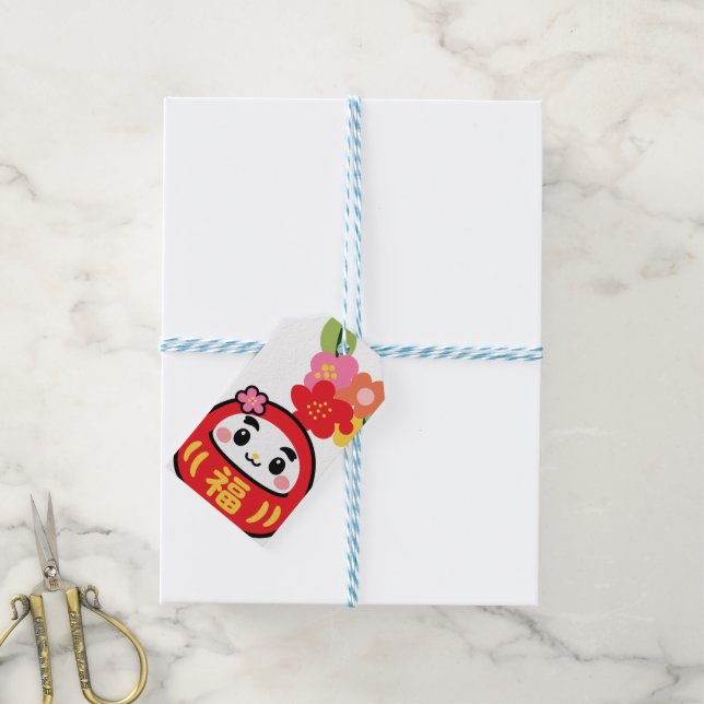 Kawaii daruma-mönster presentetikett (With Twine)