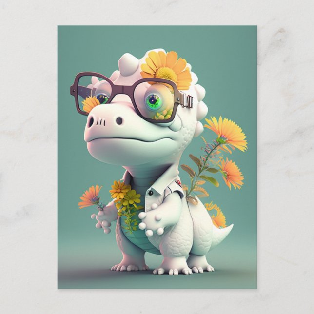 Kawaii Dinosaurie Doktor Blommig Vykort (Framsida)