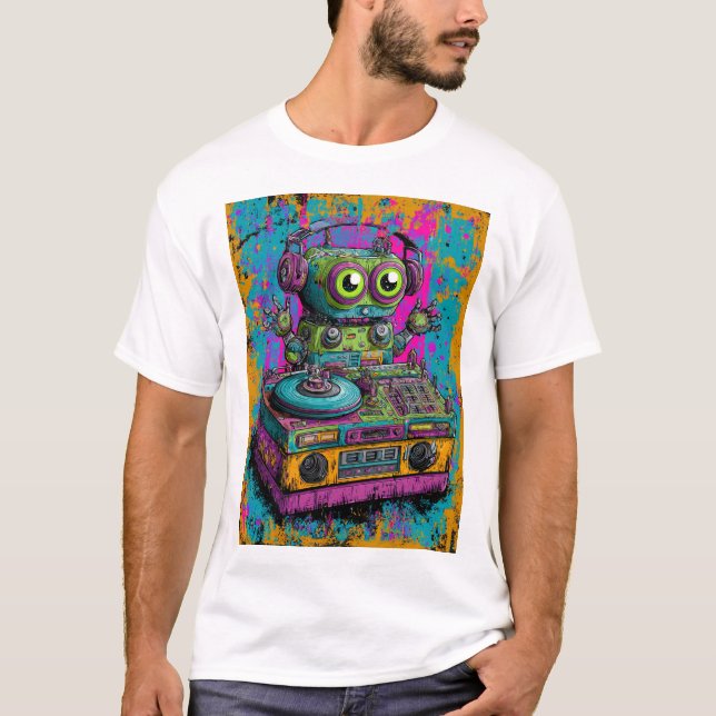 Kawaii DJ Robot — Neon Splatter Turntable Art T Shirt (Framsida)