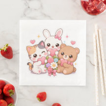 Kawaii Djurvänners Hjärtan & Blommor Pappersserve